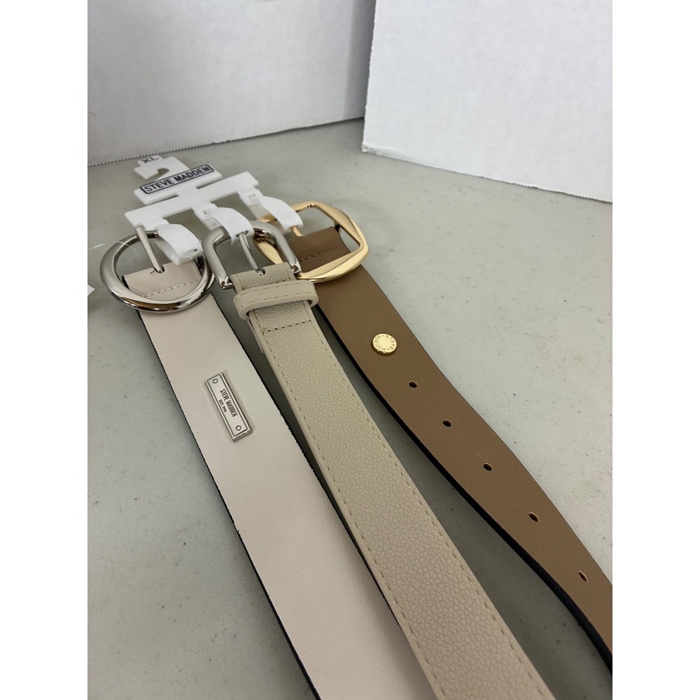Steve Madden 3 Pack Belts Womens XL White Cream Tan Silver Gold Buckle New